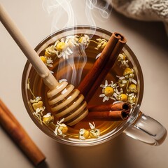Warm Herbal Chamomile Tea with Cinnamon and Honey
