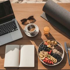 Flat lay of morning routine for digital nomad