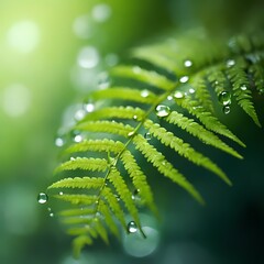 Macro shot of green fern leaf with water droplets
