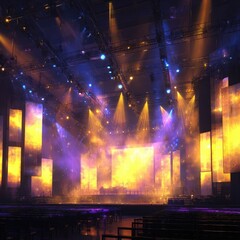 Dramatic stage setup with vibrant lighting, large LED screens displaying fiery visuals, and a partially visible audience
