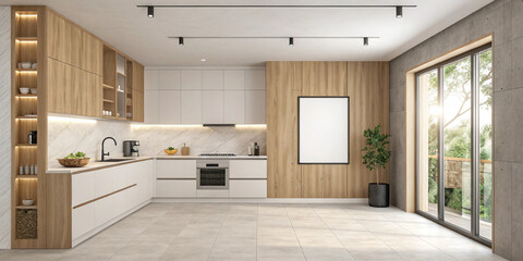A bright, modern kitchen interior with a clean wooden table, a minimalist and natural design for home interiors