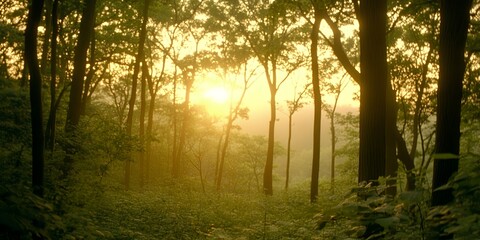 Fototapeta premium Golden Sunset Through Lush Green Forest Trees at DawnPeaceful Nature Scene
