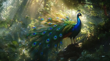 Vibrant Peacock Displaying Iridescent Feathers in a Magical Lush Forest with Sunbeams © Graphics_For_You