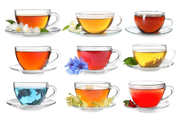 Different types of tea in glass cups isolated on white, set
