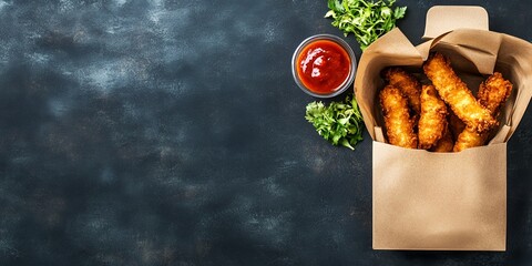 Delicious Crispy Fried Fish Sticks in a Paper Box with Sauce A Perfect Fast Food Meal