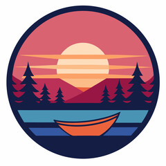 vector illustration canoe on lake at dusk inside circular sunset badg.