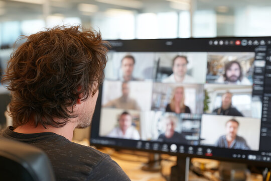 Operator controlling large video conference call on many monitors