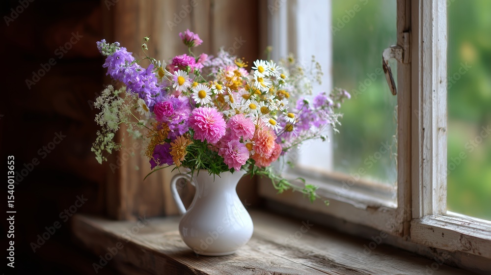 Poster charming wildflower arrangement in a rustic setting near a window