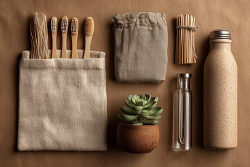 Eco-Friendly Flat Lay Featuring Bamboo Toothbrushes, Reusable Cotton Bags, Metal Straws, Glass Water Bottle, and Potted Plant on Recycled Kraft Paper Background
