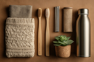 Eco-Friendly Flat Lay Featuring Bamboo Toothbrushes, Reusable Cotton Bags, Metal Straws, Glass Water Bottle, and Potted Plant on Recycled Kraft Paper Background