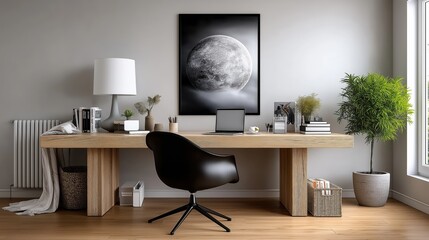 Modern minimalist home office with decorative plant and framed art on wall