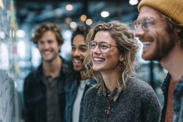 Diverse Young Professionals Brainstorming and Laughing Around Whiteboard in Bright Modern Office with Large Windows and Natural Light