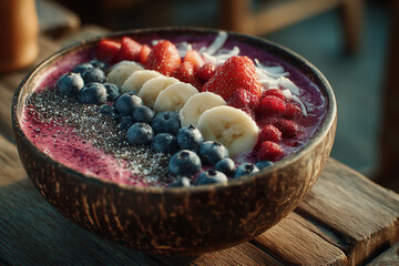 Close-Up of Fresh Organic Smoothie Bowl with Berries, Chia Seeds, Coconut Flakes, and Banana Slices on Rustic Wooden Table in Soft Morning Light