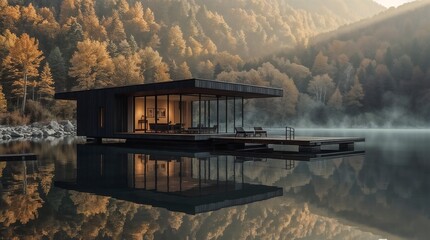 Contemporary Black Floating Cabin with Perfect Water Reflection in Autumn Mountains