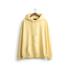 Naklejka premium Pale yellow oversized hoodie on wooden hanger, featuring a kangaroo pocket and drawstring hood
