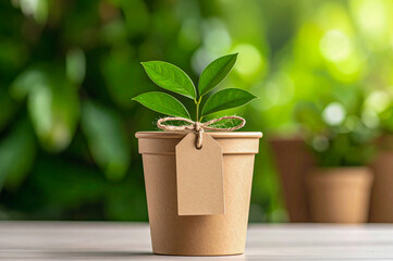 green plant in brown Biodegradable flower pot with Eco Tag