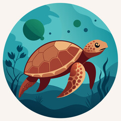 sea turtle swimming in retro underwater circle main version vector illustration