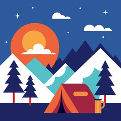 Obraz premium snowcamp setup with winter sun background main version vector illustration