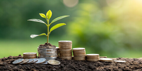 A business growth concept, with a focus on profit, development, and finance, represented by a graph and financial icons