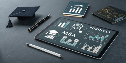 A business education MBA concept with icons and a tablet, representing professional development, learning, and corporate management