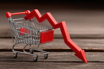 A shopping cart with a declining arrow representing economic downturn or falling sales in a retail context.