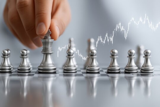A close-up of a hand moving a chess piece amidst a backdrop of financial growth and strategy.