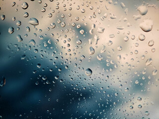 Raindrops on a window reflecting the cloudy sky during a rainy afternoon