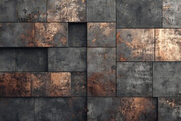 Abstract textured wall of dark gray and copper-toned rectangular tiles, some recessed, creating a three-dimensional effect