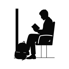 Silhouette of a man reading a book while sitting on a chair with a backpack