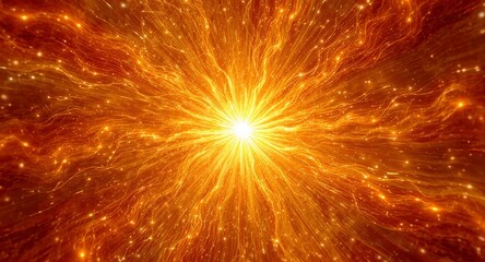 A bright golden explosion of light with swirling patterns and sparkling particles radiating outward