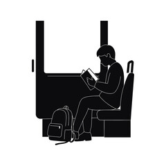 Silhouette of a person reading a book on public transport backpack beside them