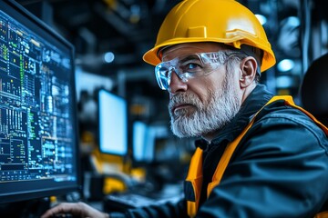 Man in yellow safety helmet at work using computer. Generative AI