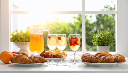 Delightful Brunch by the Window: Croissants, Fruit, and Refreshing Drinks