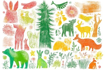 Obraz premium Colorful Hand Drawn Forest Animals Illustration Featuring Deer Fox Bear Bunny and Trees