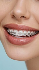 Close up of a smiling woman showing her teeth with braces on a light blue colored background