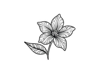 Batik flower drawing. A black and white outline image of a stylized flower with intricate internal patterns, a stem, and a patterned leaf, mimicking a batik or art style. Vector sketch line art draw.