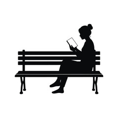 Silhouette of Woman Reading a Book on a Park Bench Black and White Vector Illustration