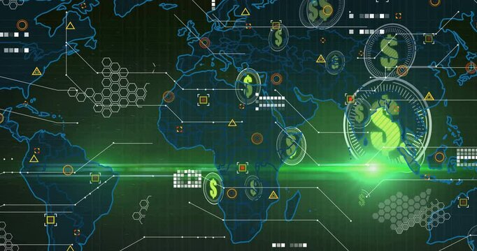 Green scanline sweeping dark backdrop initiating expanding blue world map and pulsing dollar icons