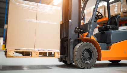 A close-up of an orange forklift lifting a pallet of cardboard boxes in a busy warehouse environment.