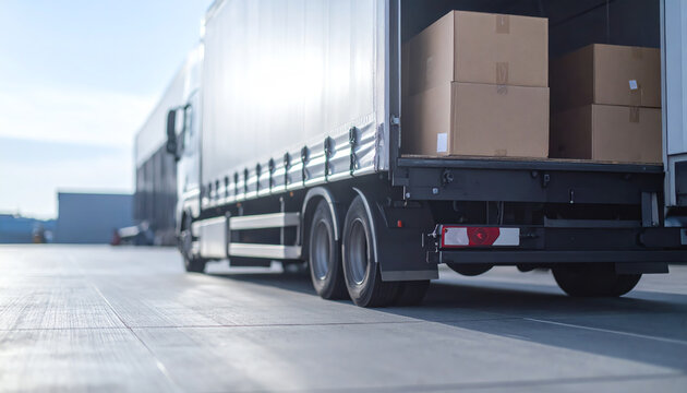 A close-up of a delivery truck loading boxes in a warehouse environment, showcasing logistics and transportation.