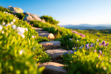 Obraz premium Mountain Wildflower Trail Scenic Steps Blooming Meadows