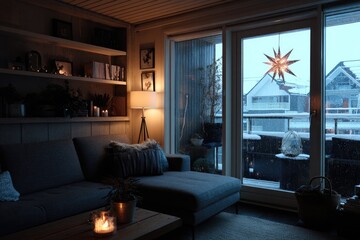Cozy living room at twilight, snow falling outside, illuminated by warm lamplight and candles, showcasing a sectional sofa and shelves filled with decor