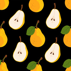 Seamless pattern with cartoon yellow pears in modern flat style. Fruit background. Vector printing for fabric and wallpaper. Cute fruits on a black background