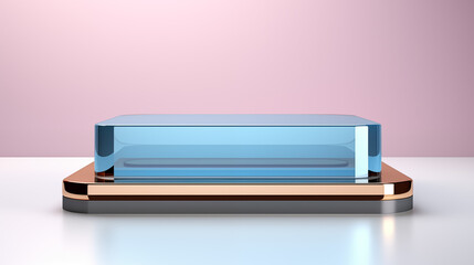 Square pedestal for showing product, transparent glass material, golden, marketing promotion template, ai