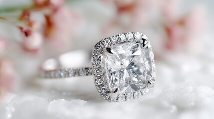 Elegant cushion cut diamond engagement ring on soft wedding banner