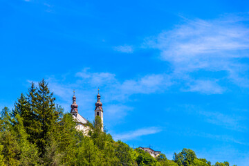 Obraz premium Barbara church cathedral Barbarakirche Fliess with blue sky Tyrol Austria.