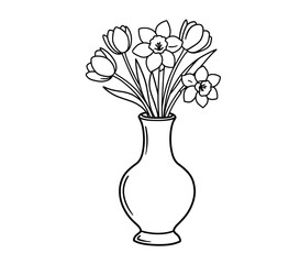 Vase and flowers drawing. It is a black and white outline image of a bouquet of flowers, including tulips and daffodils, in a classic vase, depicting a charming floral. Vector sketch line art draw.