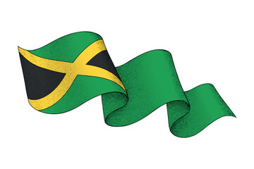 Jamaica flag with wavy ribbon shape and engraved texture