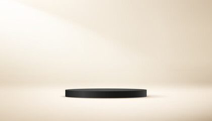 Beige studio room background. Beige background vector 3d with black podium. Empty room with light effect. Space for selling products on the website. Business backdrop. Vector illustration.