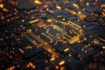 Close-up of intricate circuit board with glowing orange pathways
